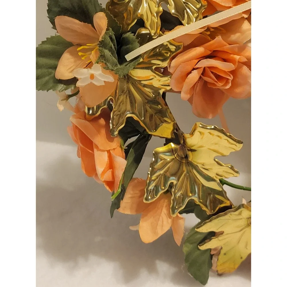 Vtg retro 80s Floral Wreath‎ Unisex OS Peach Gold Shabby Chic Heart Wall Decor